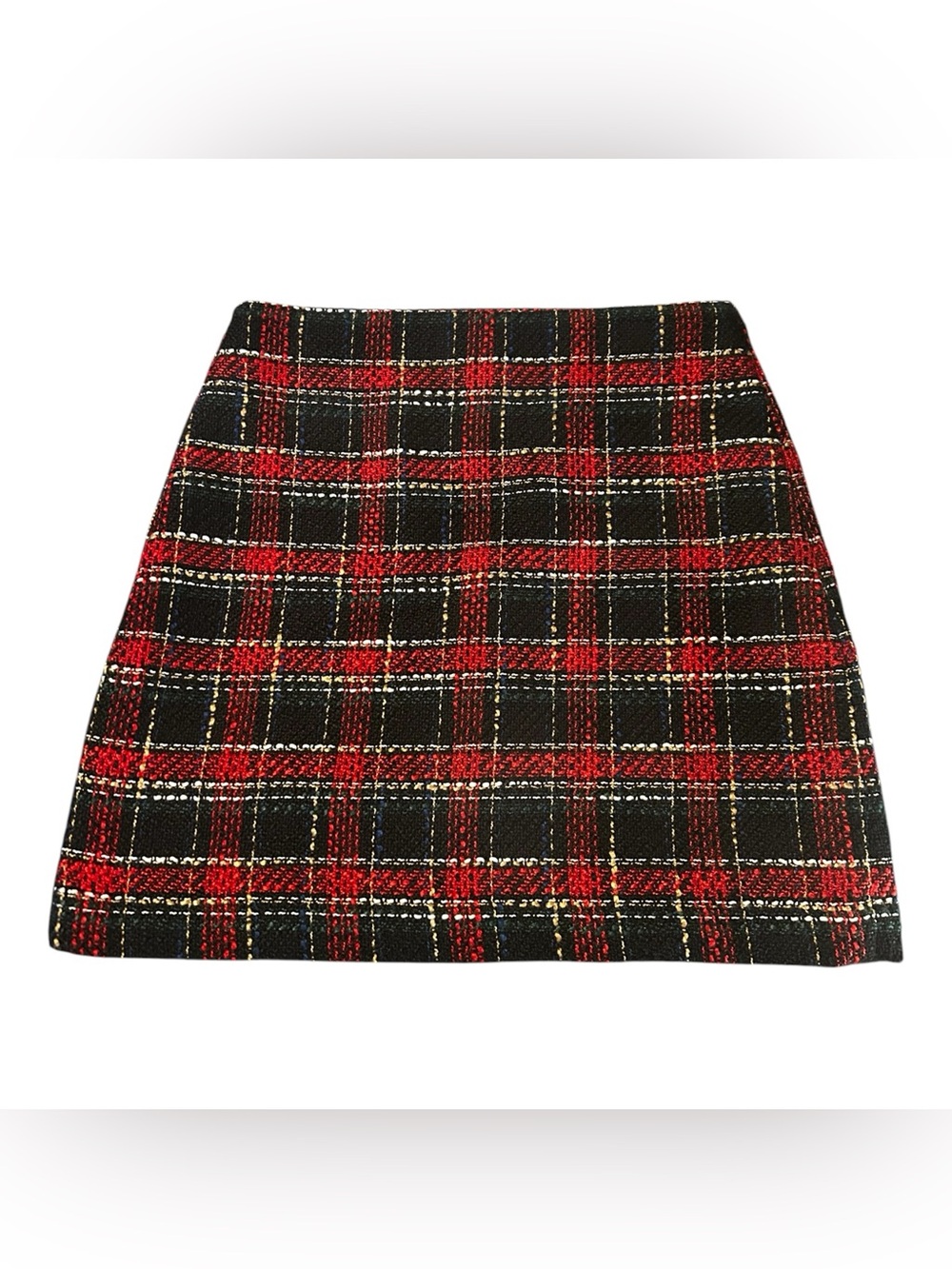 LOFT NWOT Red Black Plaid Tweed A-Line Mini Skirt Size 2 Festive Holiday